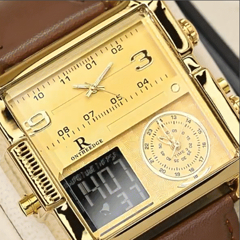 MONTRE DE LUXE ORIGINALE, bracelet en cuire de qualité supérieure, réveil lumineuse à grand cadran carré, doté de calendrier, trois cadrans, triple heure, affichage de la semaine, écologique, mouvement japonais Miyota